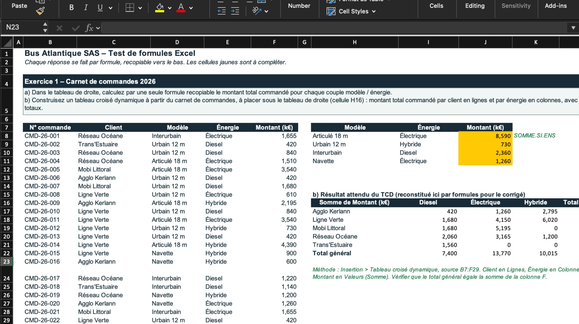 Capture Excel : test de formules, carnet de commandes et tableau croisé dynamique