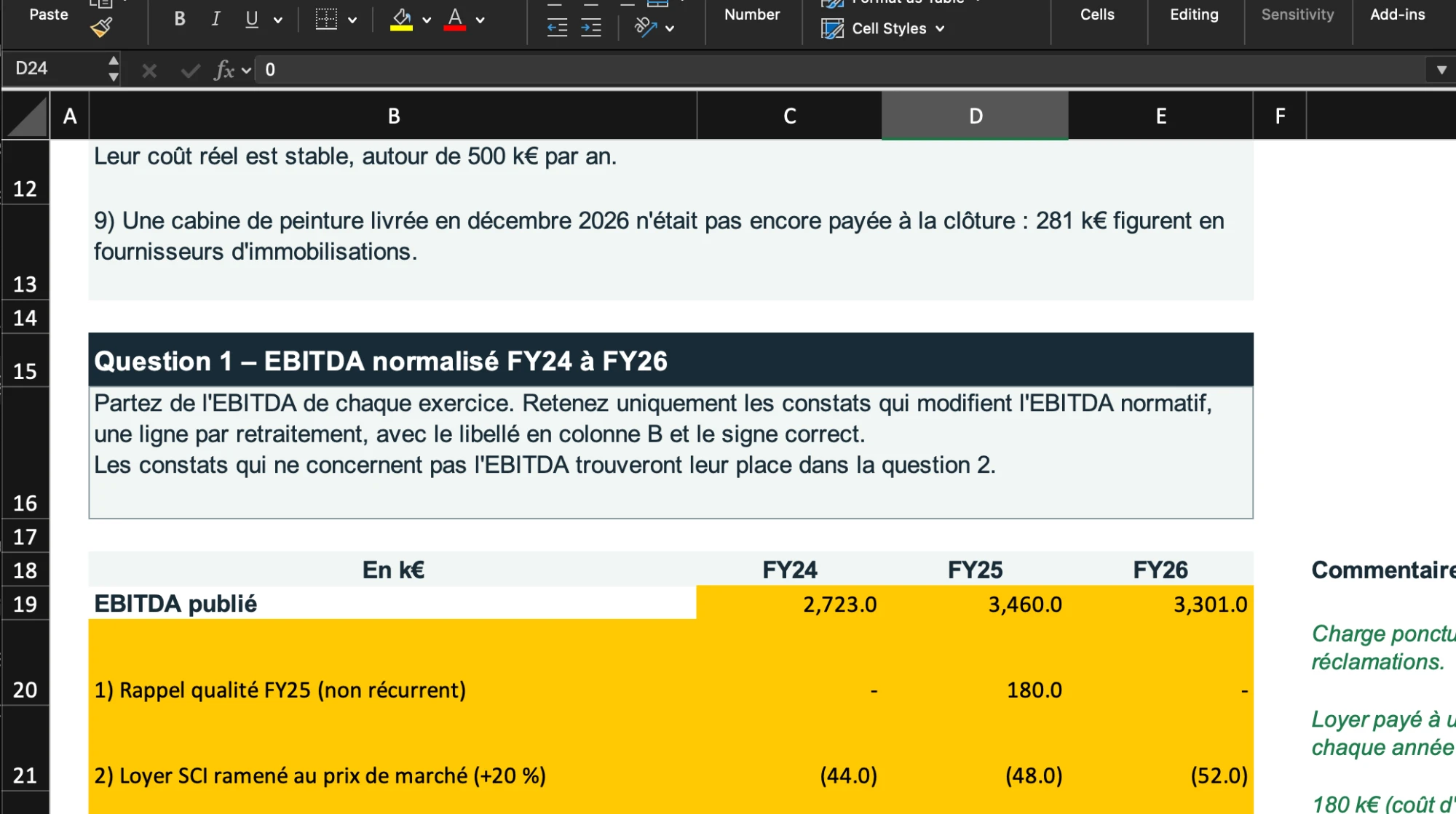 Capture Excel : question 1, EBITDA normalisé FY24 à FY26