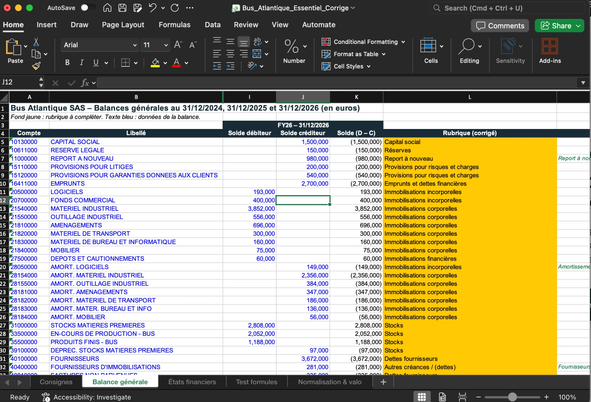 Capture Excel : balance générale de Bus Atlantique SAS avec la colonne de mapping